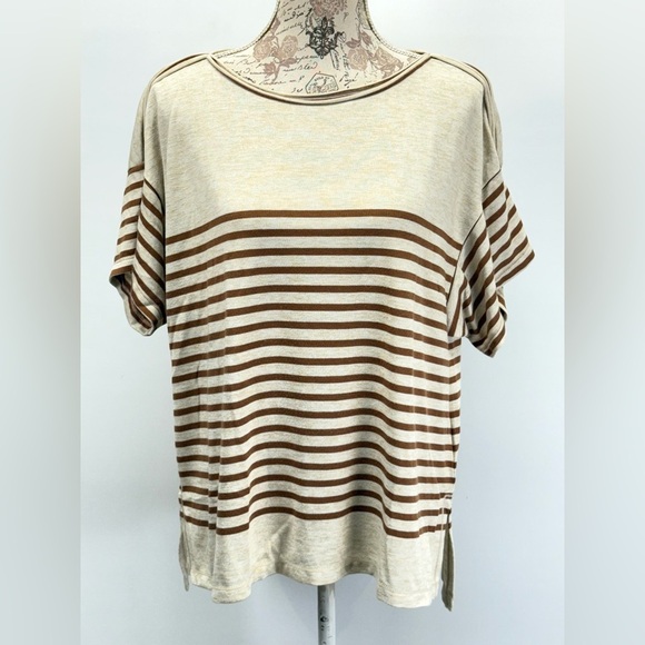 MAX STUDIO Beige and tan Striped Short Sleeve Top size L - Picture 15 of 15
